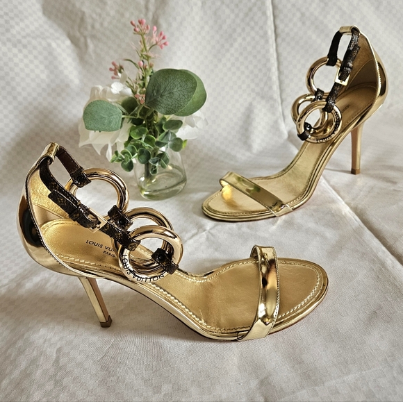 NDS Louis Vuitton Gold Podium Platinum Sandals Heels Size 7 US (Worn 2x) - Picture 1 of 16